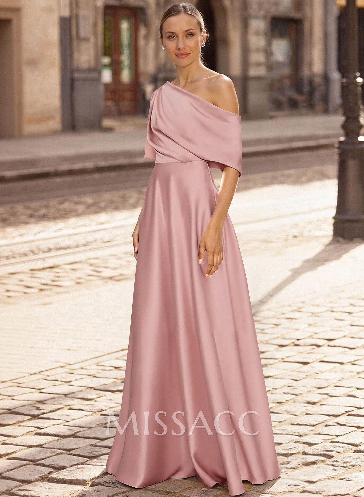 A-Line Asymmetrical 1/2 Sleeves Floor-Length Crepe Satin Mother Of The Bride Dresses A-Line Asymmetrical 1/2 Sleeves Floor-Length Crepe Satin Mother Of The Bride Dresses