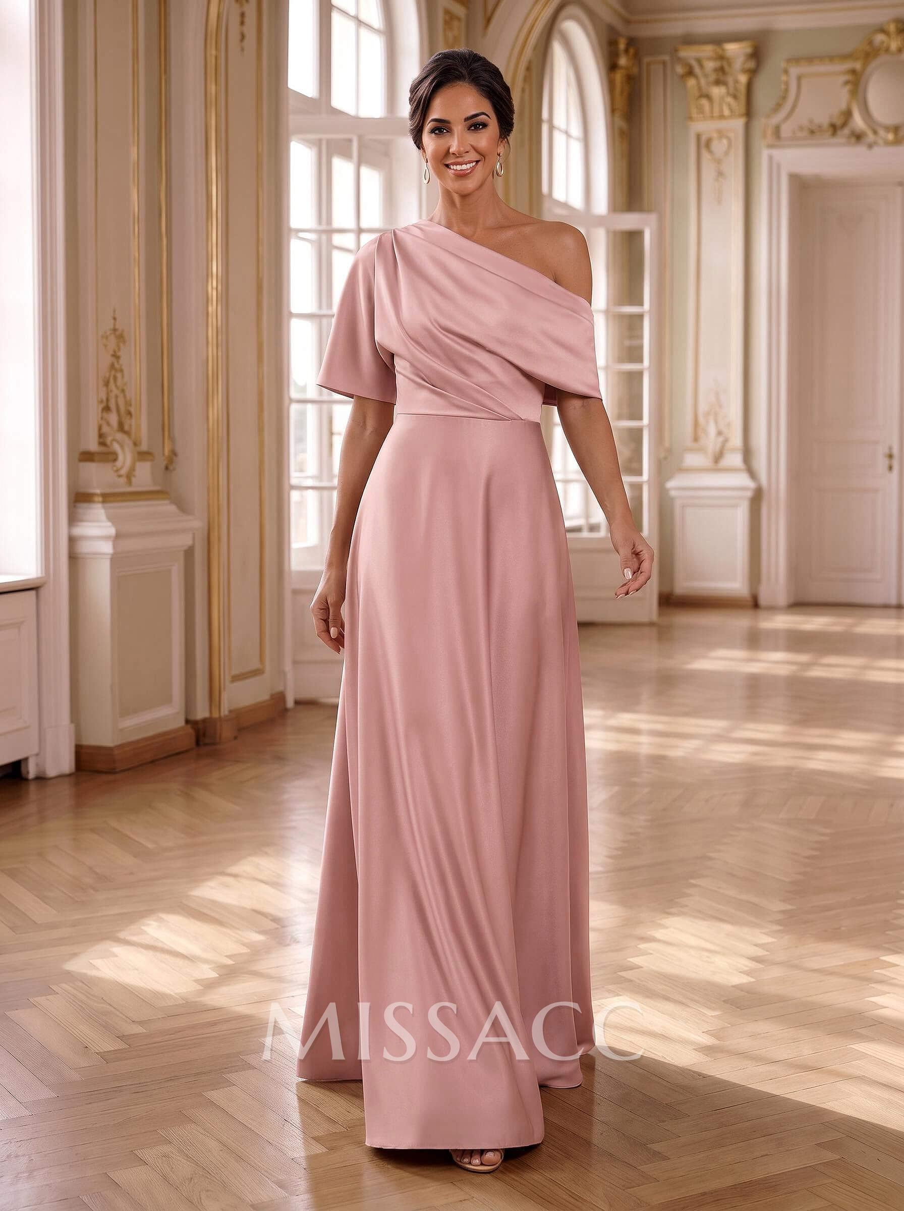 A-Line Asymmetrical 1/2 Sleeves Floor-Length Crepe Satin Mother Of The Bride Dresses