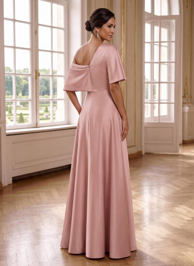A-Line Asymmetrical 1/2 Sleeves Floor-Length Crepe Satin Mother Of The Bride Dresses