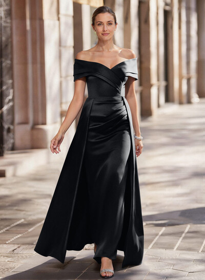 A-Line Off-The-Shoulder Floor-Length Satin Mother Of The Bride Dresses With Overskirt Dress