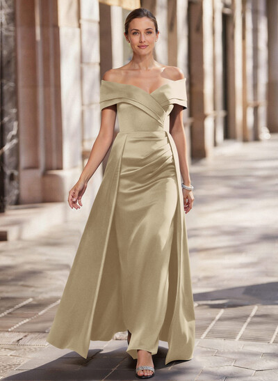 A-Line Off-The-Shoulder Floor-Length Satin Mother Of The Bride Dresses With Overskirt Dress
