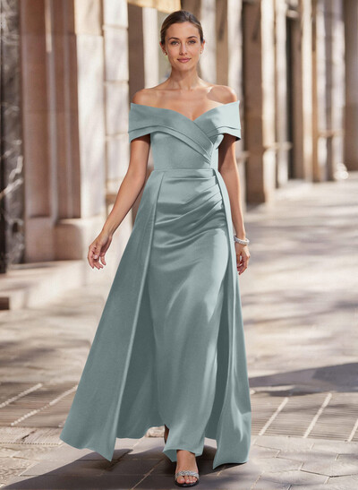 A-Line Off-The-Shoulder Floor-Length Satin Mother Of The Bride Dresses With Overskirt Dress