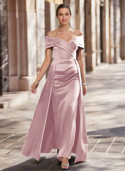 A-Line Off-The-Shoulder Floor-Length Satin Mother Of The Bride Dresses With Overskirt Dress