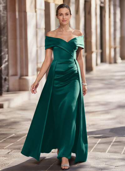 A-Line Off-The-Shoulder Floor-Length Satin Mother Of The Bride Dresses With Overskirt Dress