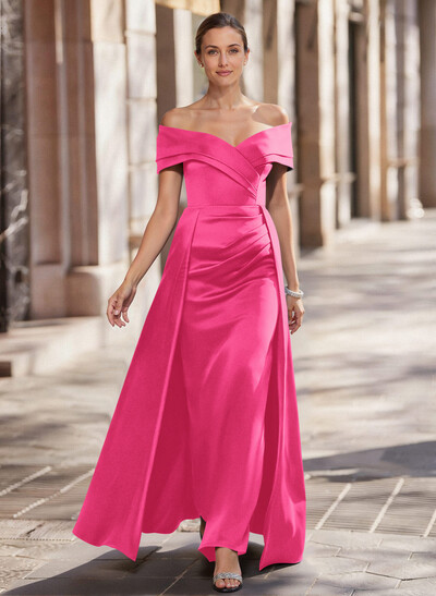 A-Line Off-The-Shoulder Floor-Length Satin Mother Of The Bride Dresses With Overskirt Dress
