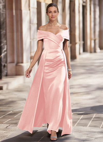 A-Line Off-The-Shoulder Floor-Length Satin Mother Of The Bride Dresses With Overskirt Dress