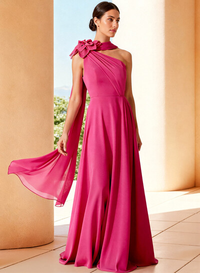 A-Line One-Shoulder Sleeveless Floor-Length Chiffon Evening Dresses With Flower(s)