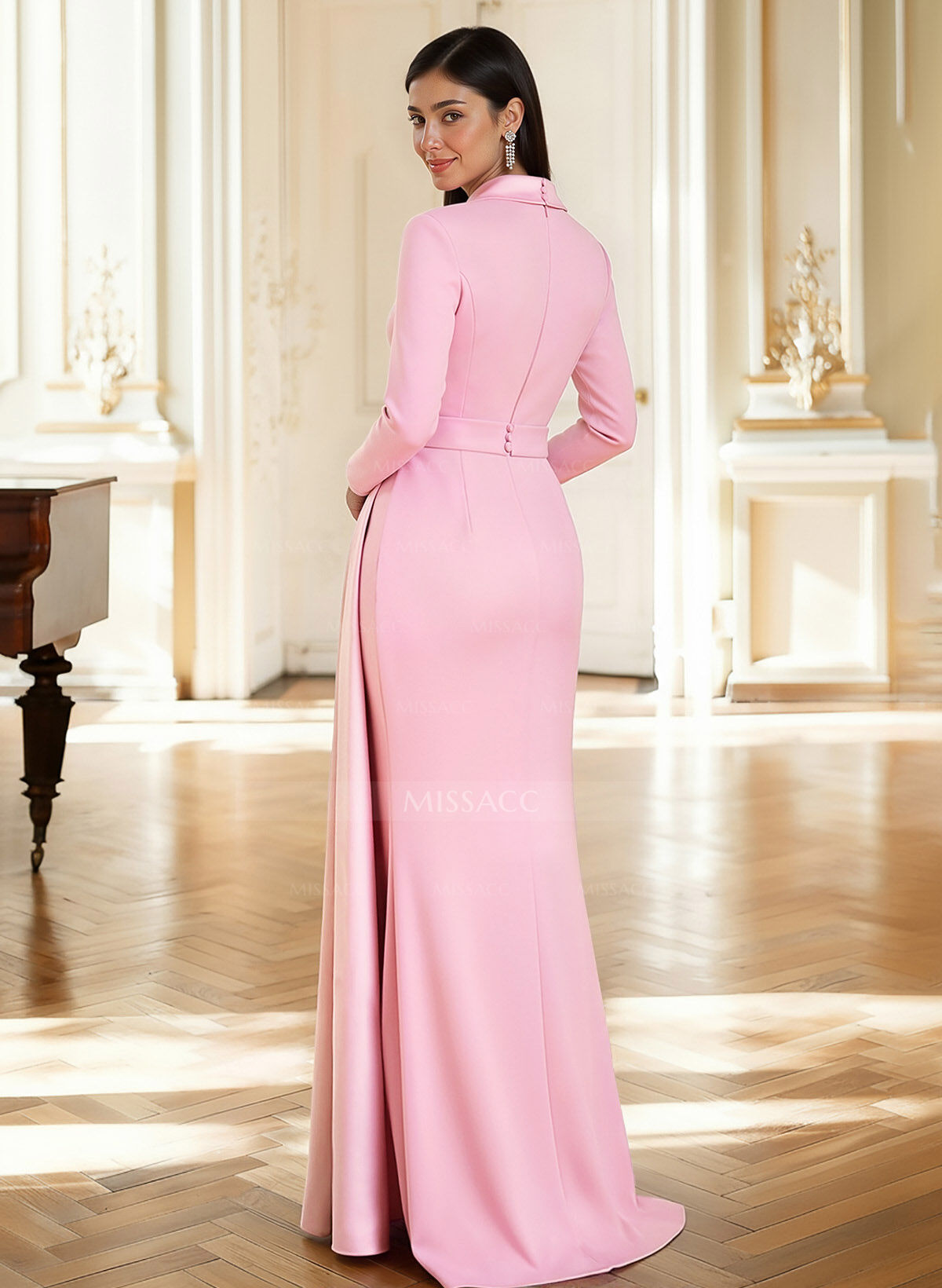 Sheath Column Plunge Neck Long Sleeves Sweep Train Satin Mother Of The Bride Dresses With Rhinestone Sweeping Side Drape