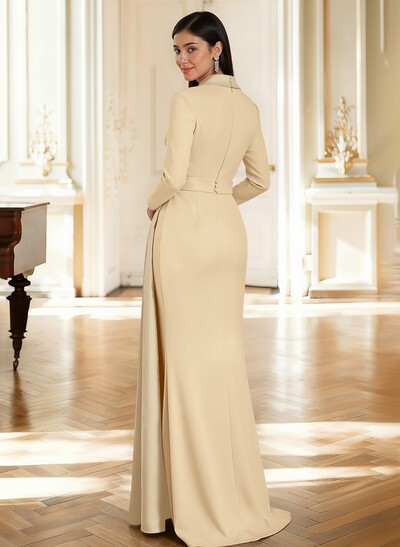 Sheath Column Plunge Neck Long Sleeves Sweep Train Elastic Satin/Satin Mother Of The Bride Dresses With Rhinestone Sweeping Side Drape