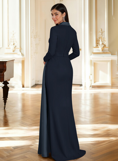 Sheath Column Plunge Neck Long Sleeves Sweep Train Elastic Satin/Satin Mother Of The Bride Dresses With Rhinestone Sweeping Side Drape