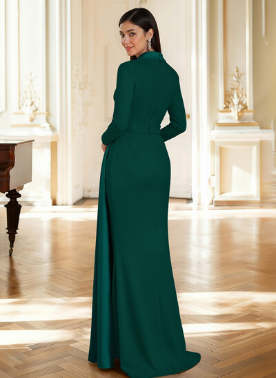 Sheath Column Plunge Neck Long Sleeves Sweep Train Elastic Satin/Satin Mother Of The Bride Dresses With Rhinestone Sweeping Side Drape