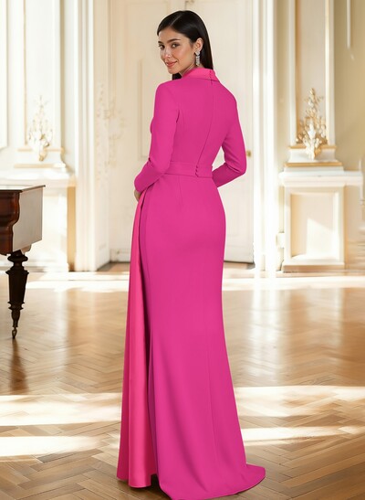Sheath Column Plunge Neck Long Sleeves Sweep Train Elastic Satin/Satin Mother Of The Bride Dresses With Rhinestone Sweeping Side Drape