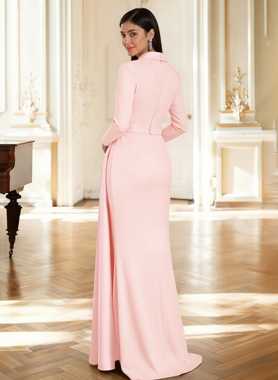 Sheath Column Plunge Neck Long Sleeves Sweep Train Elastic Satin/Satin Mother Of The Bride Dresses With Rhinestone Sweeping Side Drape