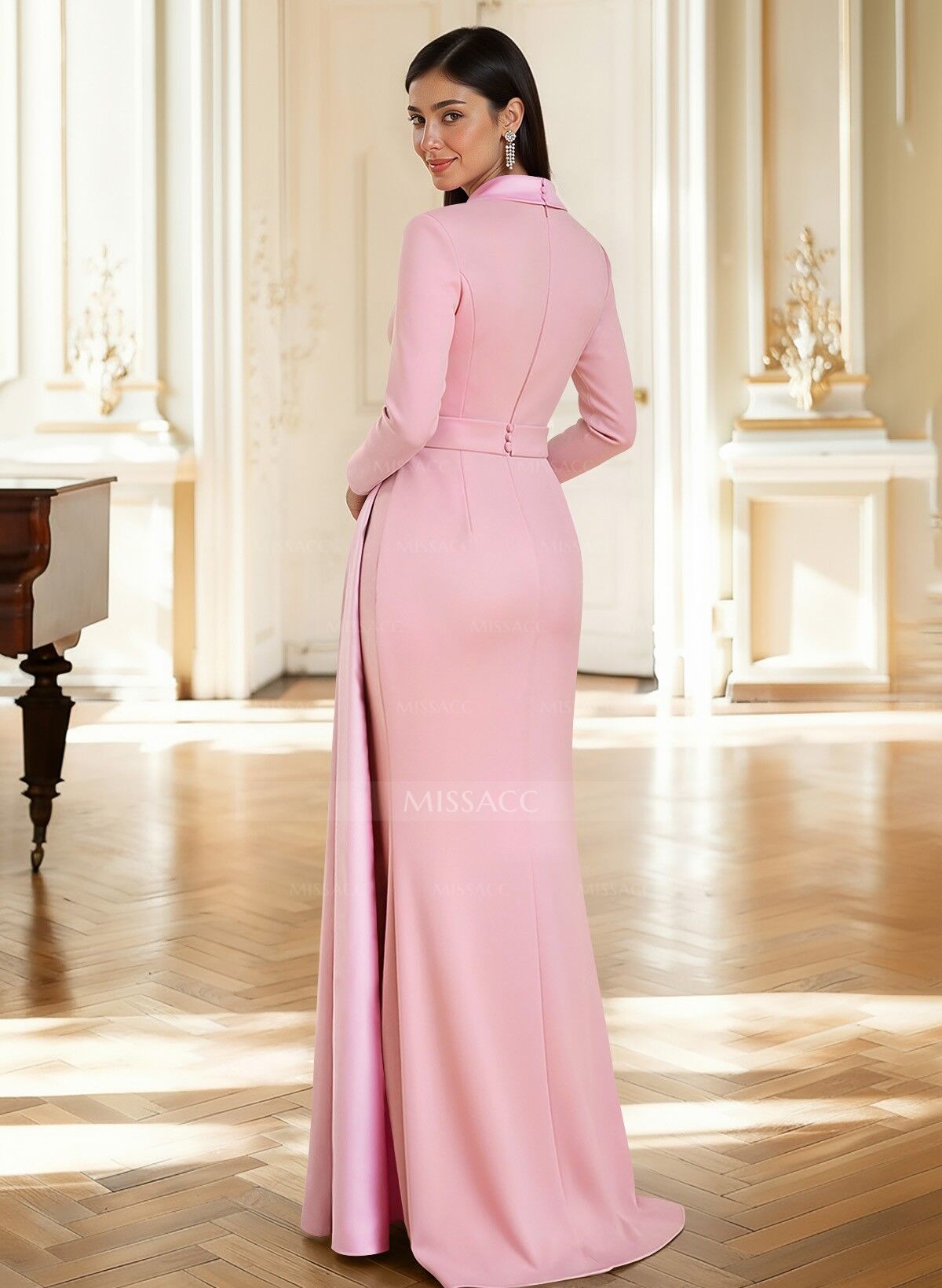 Sheath Column Plunge Neck Long Sleeves Sweep Train Elastic Satin/Satin Mother Of The Bride Dresses With Rhinestone Sweeping Side Drape