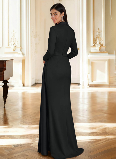 Sheath Column Plunge Neck Long Sleeves Sweep Train Elastic Satin/Satin Mother Of The Bride Dresses With Rhinestone Sweeping Side Drape