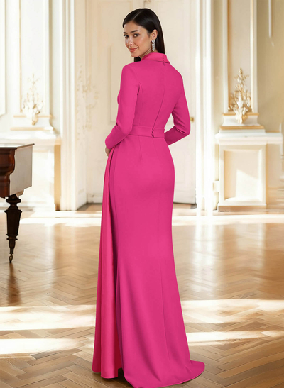 Sheath Column Plunge Neck Long Sleeve Sweep Train Stretch Satin Mother Of The Bride Dress With Diamanté Sweeping Side Drape