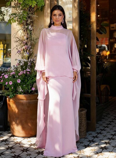 Sheath Column High Neck Long Sleeves Floor-Length Chiffon Mother Of The Bride Dresses With Tiered