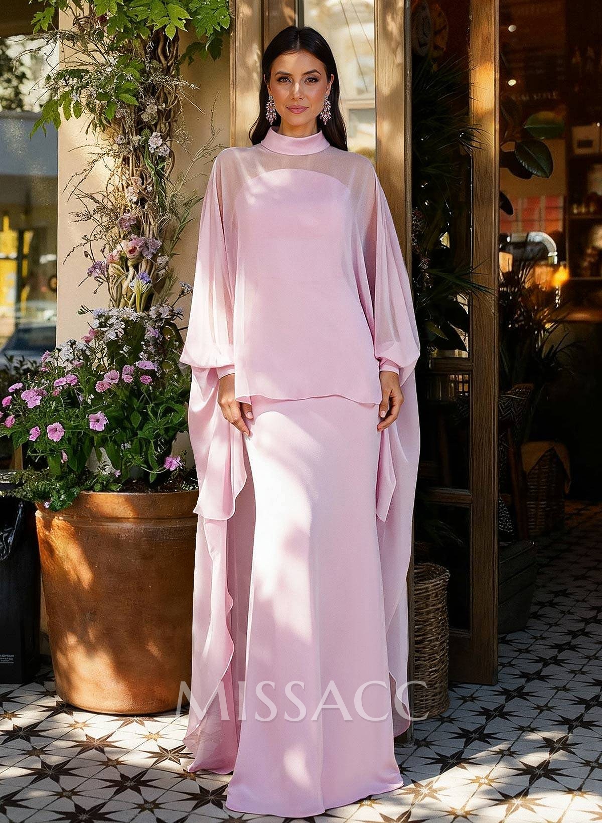Sheath Column High Neck Long Sleeves Floor-Length Chiffon Mother Of The Bride Dresses With Tiered