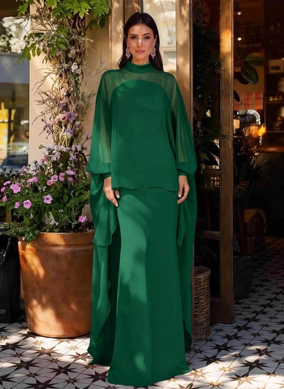 Sheath Column High Neck Long Sleeves Floor-Length Chiffon Mother Of The Bride Dresses With Tiered
