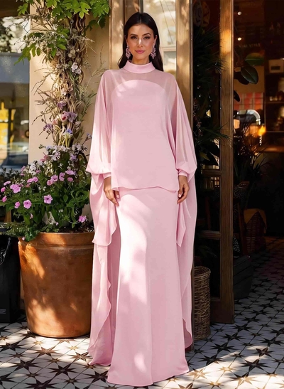 Sheath Column High Neck Long Sleeves Floor-Length Chiffon Mother Of The Bride Dresses With Tiered