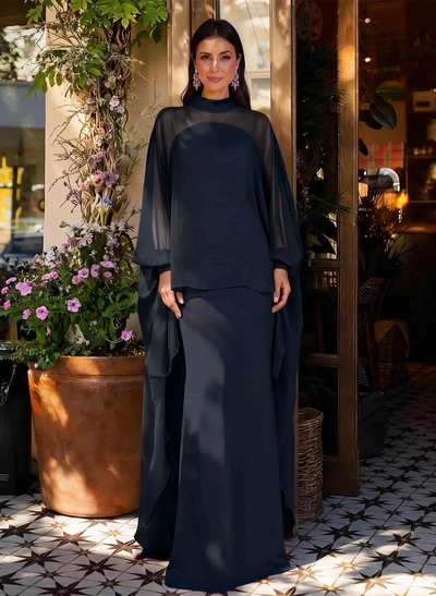 Sheath Column High Neck Long Sleeves Floor-Length Chiffon Mother Of The Bride Dresses With Tiered