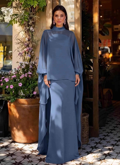 Sheath Column High Neck Long Sleeves Floor-Length Chiffon Mother Of The Bride Dresses With Tiered