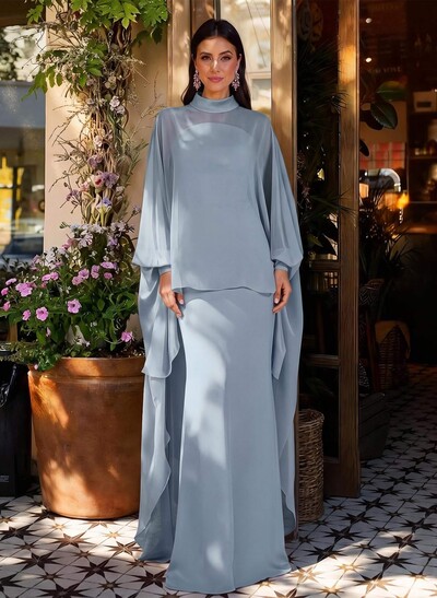 Sheath Column High Neck Long Sleeves Floor-Length Chiffon Mother Of The Bride Dresses With Tiered