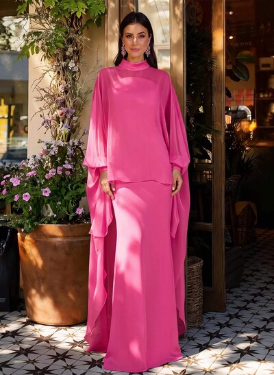 Sheath Column High Neck Long Sleeves Floor-Length Chiffon Mother Of The Bride Dresses With Tiered