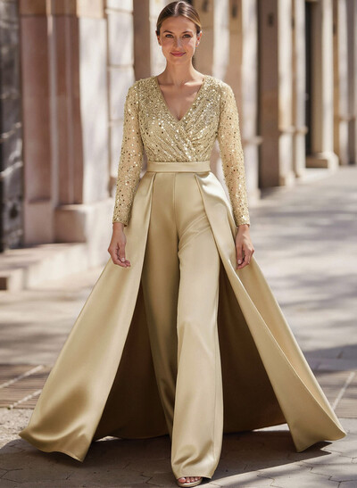 Jumpsuit/Pantsuit V-Neck Long Sleeves Detachable Satin/Sequined Mother Of The Bride Dresses With Sequins