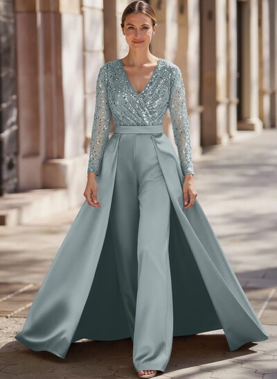 Jumpsuit/Pantsuit V-Neck Long Sleeves Detachable Satin/Sequined Mother Of The Bride Dresses With Sequins