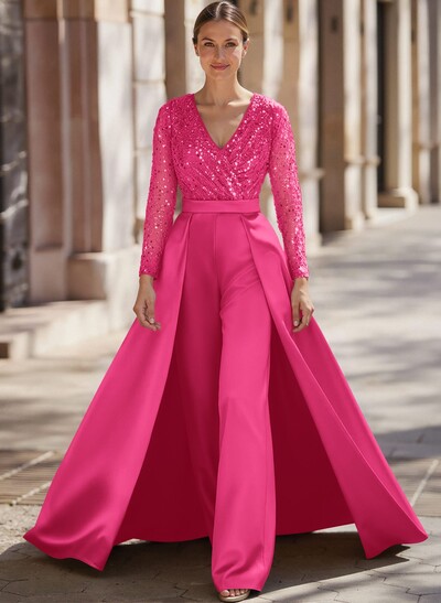 Jumpsuit/Pantsuit V-Neck Long Sleeves Detachable Satin/Sequined Mother Of The Bride Dresses With Sequins