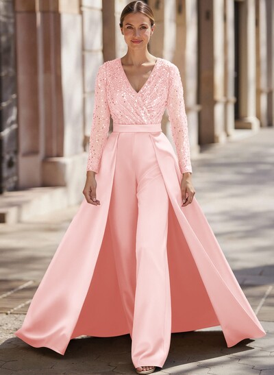 Jumpsuit/Pantsuit V-Neck Long Sleeves Detachable Satin/Sequined Mother Of The Bride Dresses With Sequins