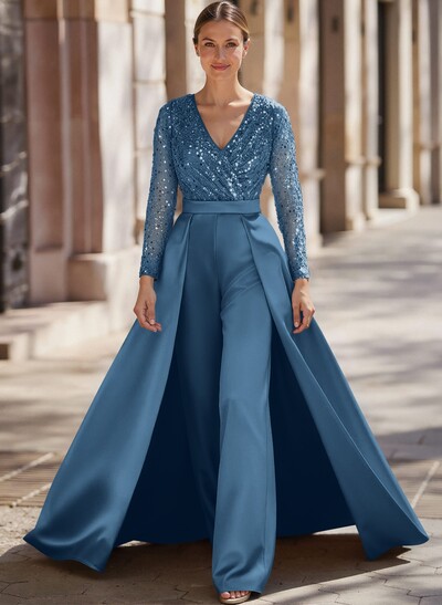 Jumpsuit/Pantsuit V-Neck Long Sleeves Detachable Satin/Sequined Mother Of The Bride Dresses With Sequins