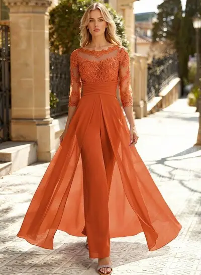 Jumpsuit/Pantsuit Scoop Neck 3/4 Sleeves Detachable Chiffon Mother