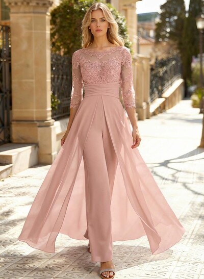 Jumpsuit/Pantsuit Scoop Neck 3/4 Sleeves Detachable Chiffon Mother Of The Bride Dresses With Lace