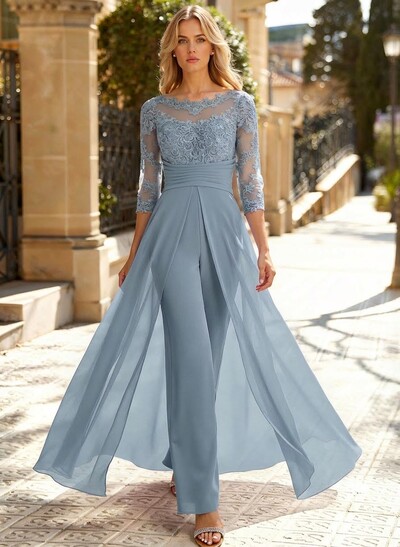 Jumpsuit/Pantsuit Scoop Neck 3/4 Sleeves Detachable Chiffon Mother Of The Bride Dresses With Lace