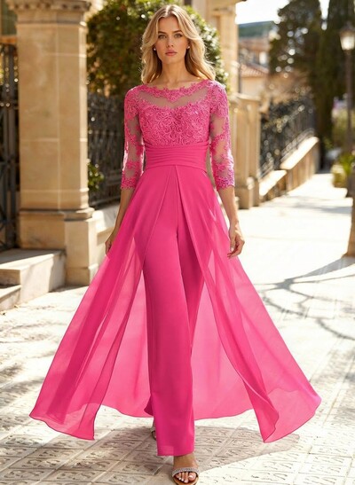 Jumpsuit/Pantsuit Scoop Neck 3/4 Sleeves Detachable Chiffon Mother Of The Bride Dresses With Lace