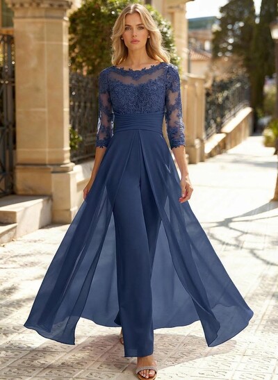 Jumpsuit/Pantsuit Scoop Neck 3/4 Sleeves Detachable Chiffon Mother Of The Bride Dresses With Lace