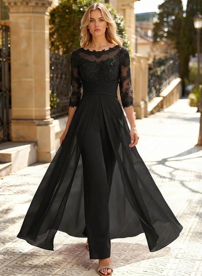 Jumpsuit/Pantsuit Scoop Neck 3/4 Sleeves Detachable Chiffon Mother Of The Bride Dresses With Lace