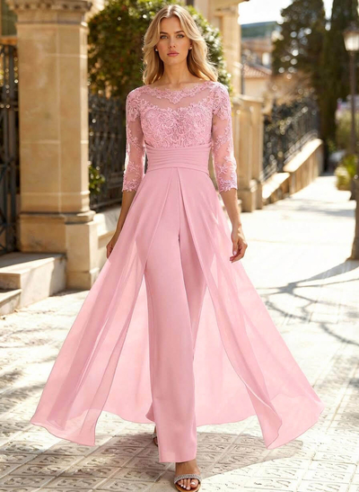 Jumpsuit/Pantsuit Scoop Neck 3/4 Sleeves Detachable Chiffon Mother Of The Bride Dresses With Lace
