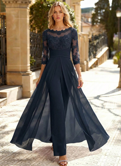 Jumpsuit/Pantsuit Scoop Neck 3/4 Sleeves Detachable Chiffon Mother Of The Bride Dresses With Lace