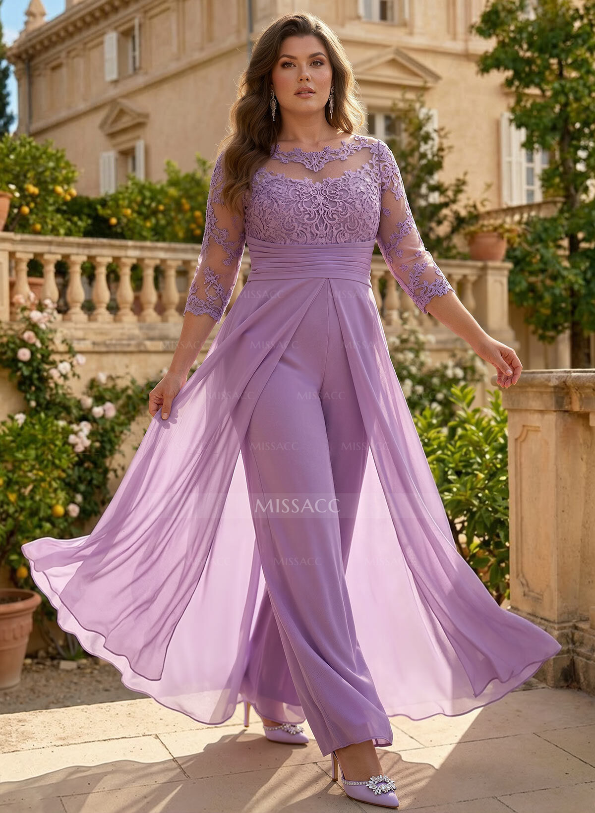 Jumpsuit/Pantsuit Scoop Neck 3/4 Sleeves Detachable Chiffon Mother Of The Bride Dresses With Lace