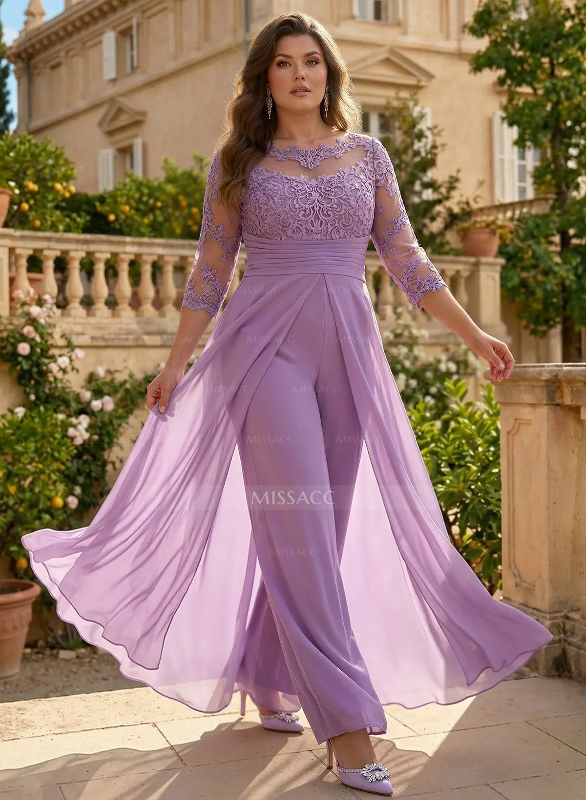 Jumpsuit/Pantsuit Scoop Neck 3/4 Sleeves Detachable Chiffon Mother Of The Bride Dresses With Lace