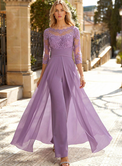 Jumpsuit/Pantsuit Scoop Neck 3/4 Sleeves Detachable Chiffon Mother Of The Bride Dresses With Lace