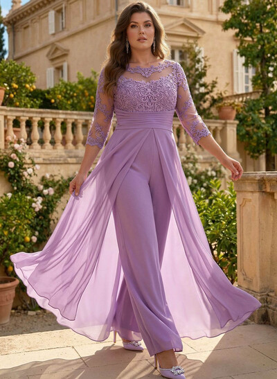 Jumpsuit/Pantsuit Scoop Neck 3/4 Sleeves Detachable Chiffon Mother Of The Bride Dresses With Lace