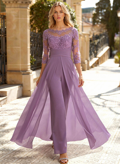 Jumpsuit/Pantsuit Scoop Neck 3/4 Sleeves Detachable Chiffon Mother Of The Bride Dresses With Lace