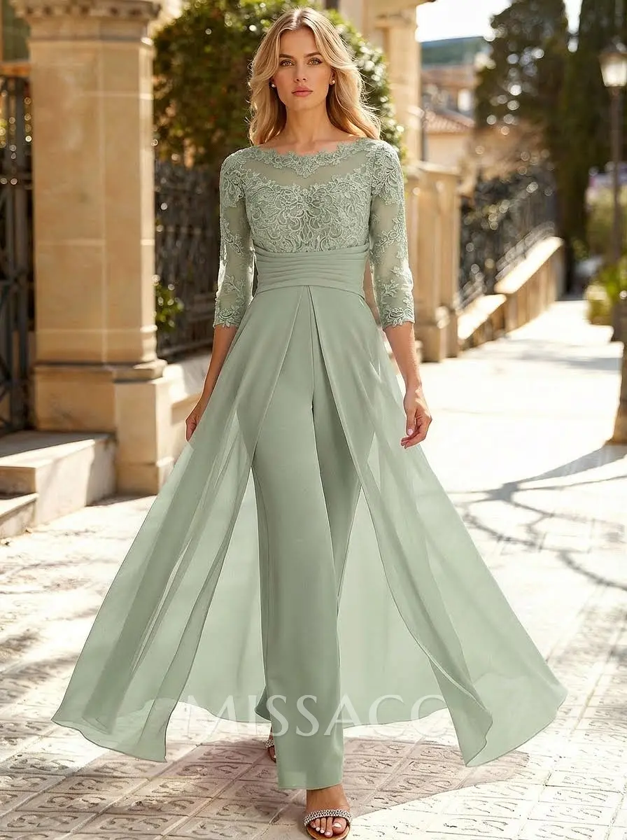 Jumpsuit/Pantsuit Scoop Neck 3/4 Sleeves Detachable Chiffon Mother