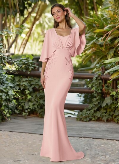 Trumpet/Mermaid Square Neckline Cape Sleeves Sweep Train Elastic Satin Mother Of The Bride Dresses