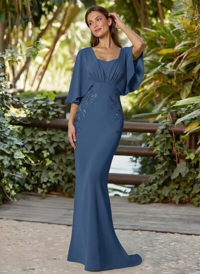 Trumpet/Mermaid Square Neckline Cape Sleeves Sweep Train Elastic Satin Mother Of The Bride Dresses