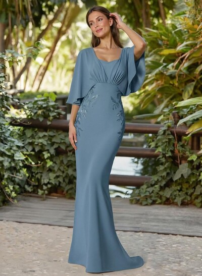 Trumpet/Mermaid Square Neckline Cape Sleeves Sweep Train Elastic Satin Mother Of The Bride Dresses